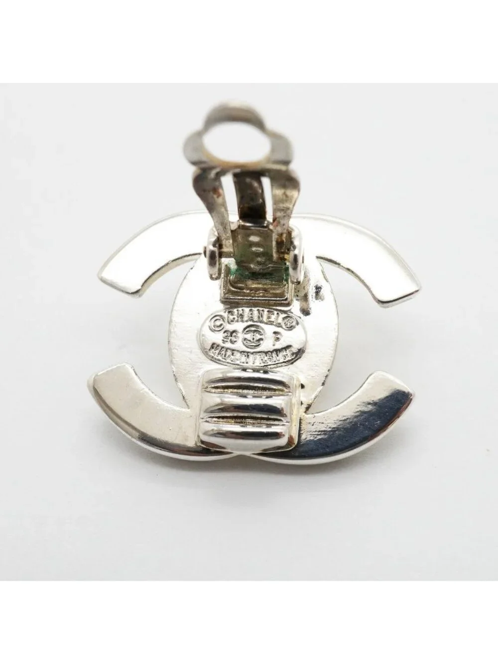 Chanel Earrings Vintage CC Logo Turnlock Metal Silver